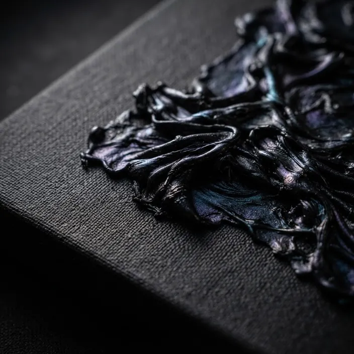 Macro detail of a matte canvas weave carrying folds of dark liquid metal with faint iridescence.