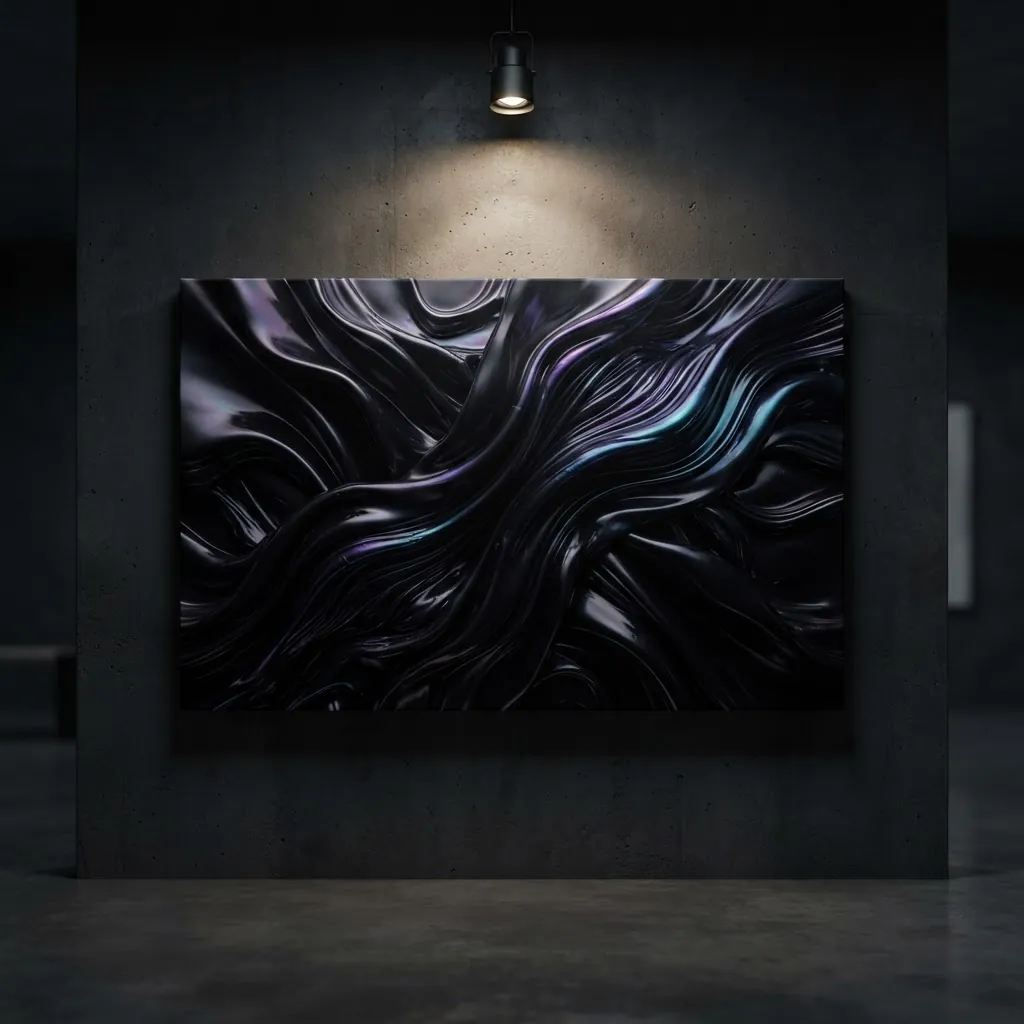 Obsidian Bloom — a gallery-wrapped canvas of molten dark liquid metal, lit by a single museum spotlight on a concrete wall.