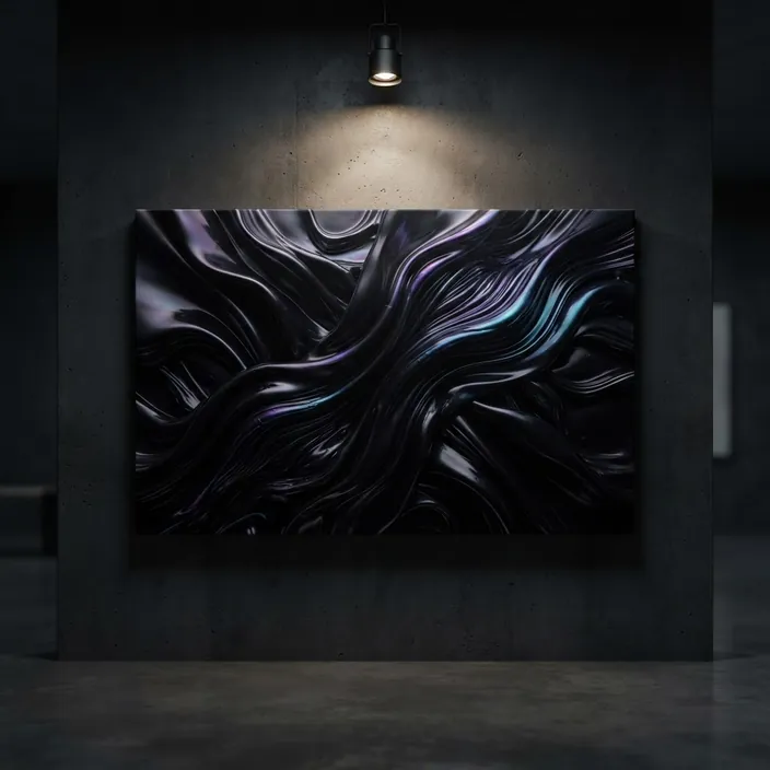 Obsidian Bloom — a gallery-wrapped canvas of molten dark liquid metal, lit by a single museum spotlight on a concrete wall.
