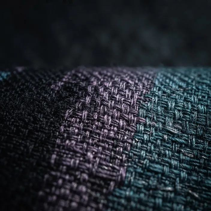 Macro detail of the Vellum Drift weave — individual violet and cyan threads crossing an ink-black warp.