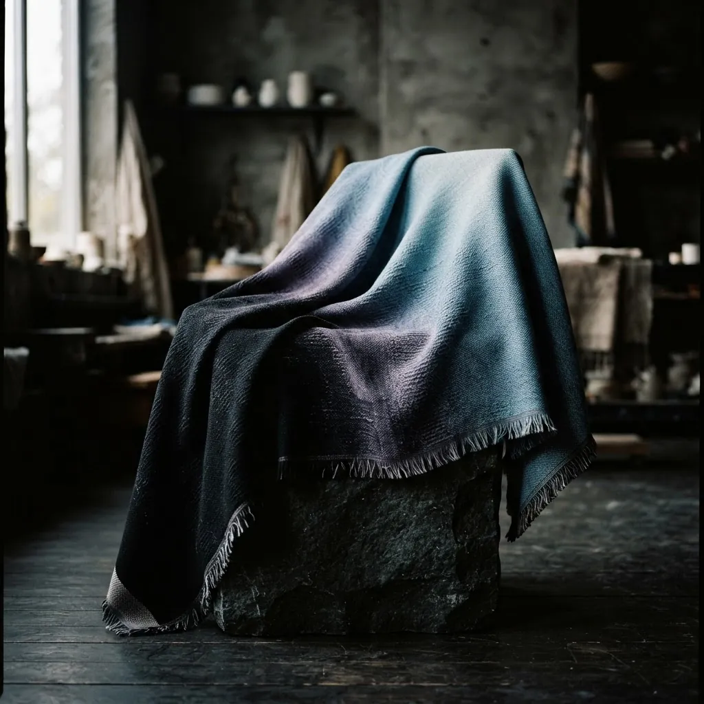 Vellum Drift — a woven jacquard throw draped over a dark stone plinth, drifting from ink black through violet into dusk cyan.
