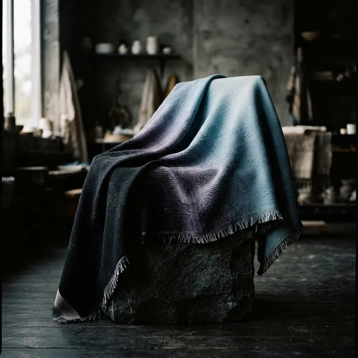 Vellum Drift — a woven jacquard throw draped over a dark stone plinth, drifting from ink black through violet into dusk cyan.