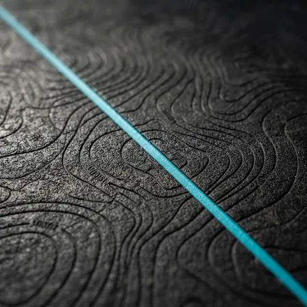 Macro detail of the Meridian mat surface — engraved contour lines crossed by a thin spectral accent.
