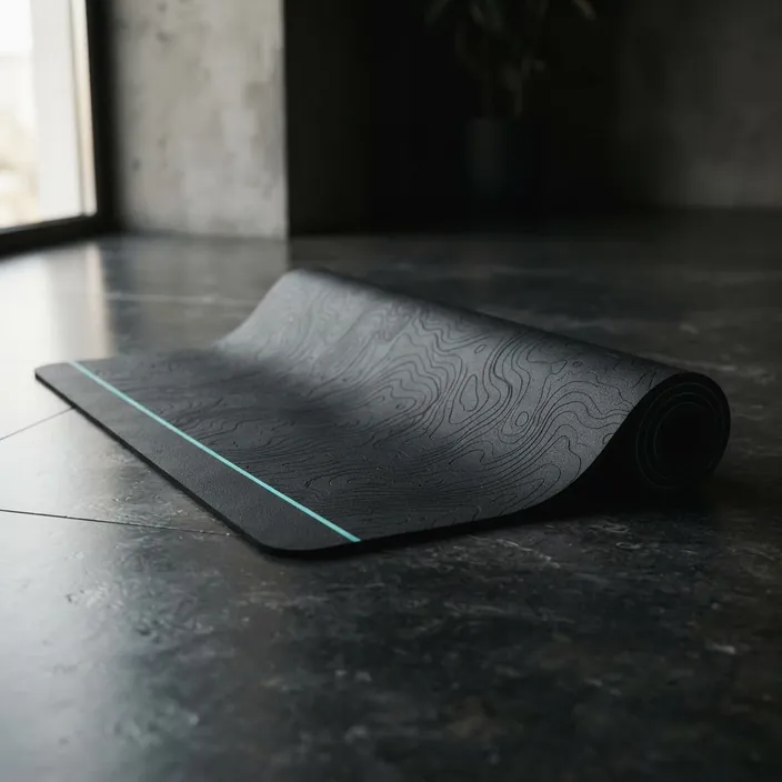 Meridian — a black yoga mat unrolling across dark stone, its surface engraved with tone-on-tone contour lines and a single spectral edge line.
